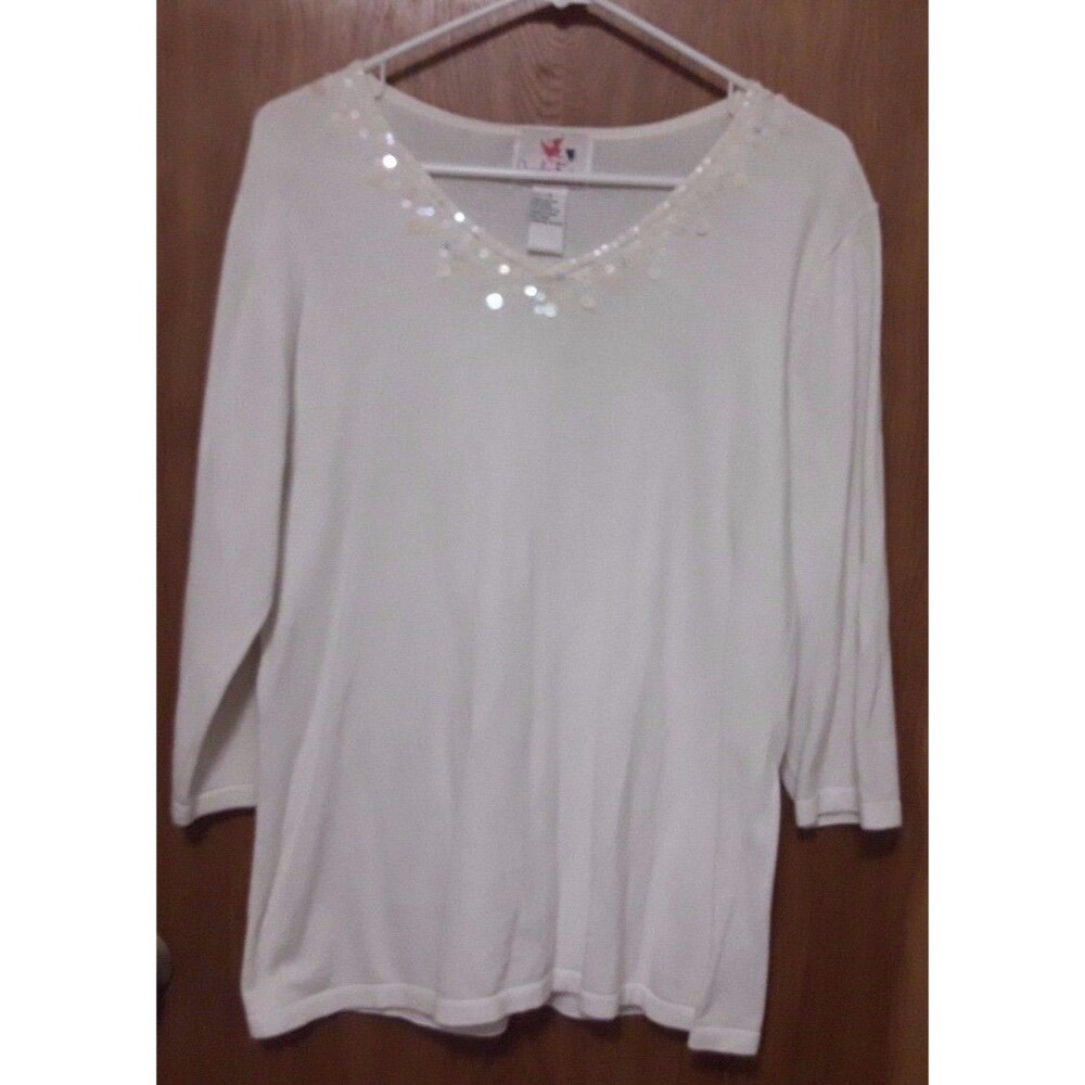 Quacker Factory S Small Off White Sweater QVC iridescent sequins 100% Cotton QF